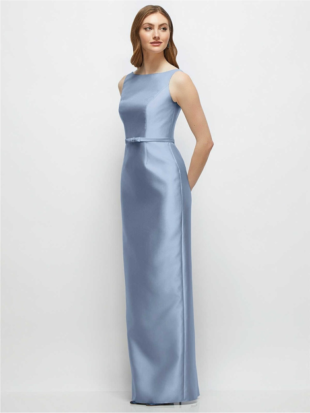 Dessy Elegant Sleeveless Light Blue Satin Maxi Dress with Belt- NWT - Picture 3 of 9